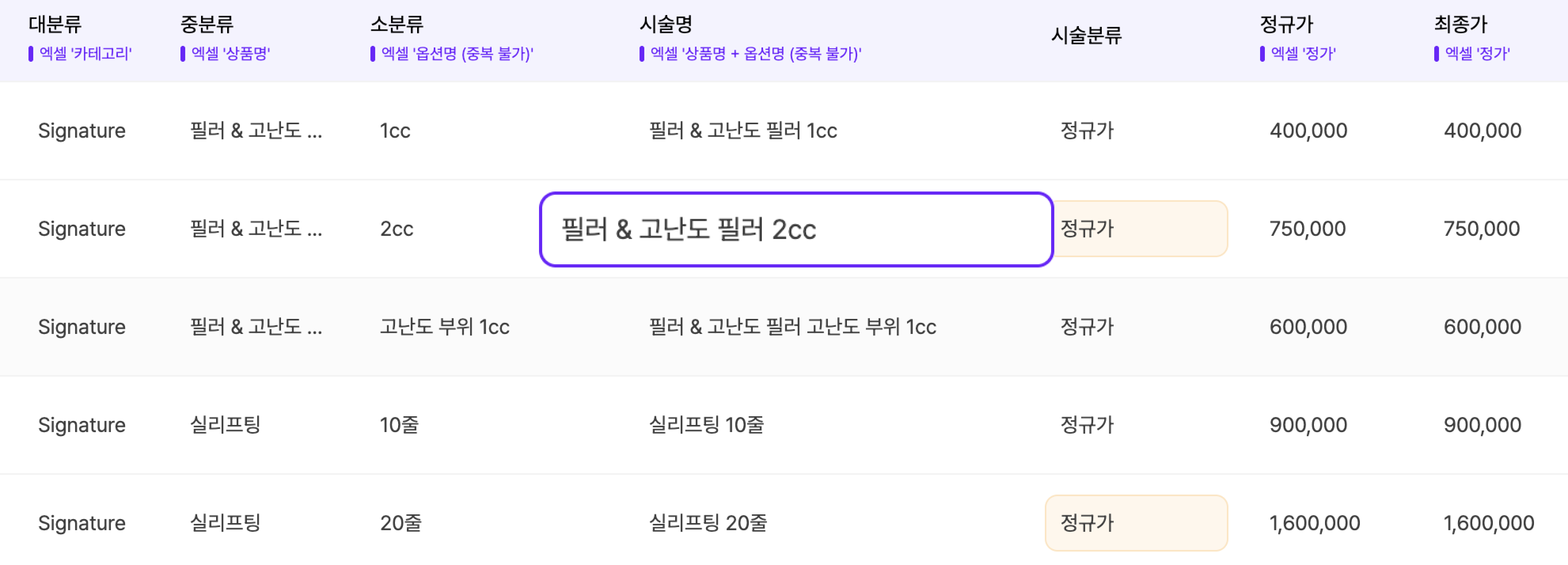charty 가격표 자동 변환 미리보기 화면